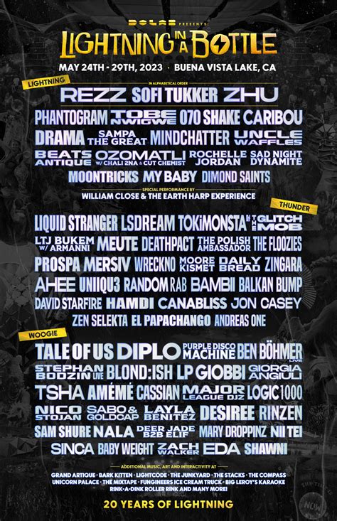 Lightning in a bottle 2023 - Today, Do LaB have announced the musical lineup for the 20th anniversary of Lightning in a Bottle, North America’s original boutique festival taking place. ... For the 2023 edition, Lightning and Woogie stages will return with brand new designs along with a revamped Thunder design. There will also be a new Grand Artique stage this year, which ...